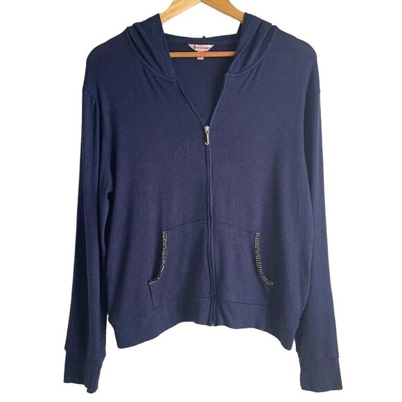 Juicy Couture Navy Blue Lightweight Y2K Knit Full Zip Hoodie with Jewel Trim - Picture 1 of 6